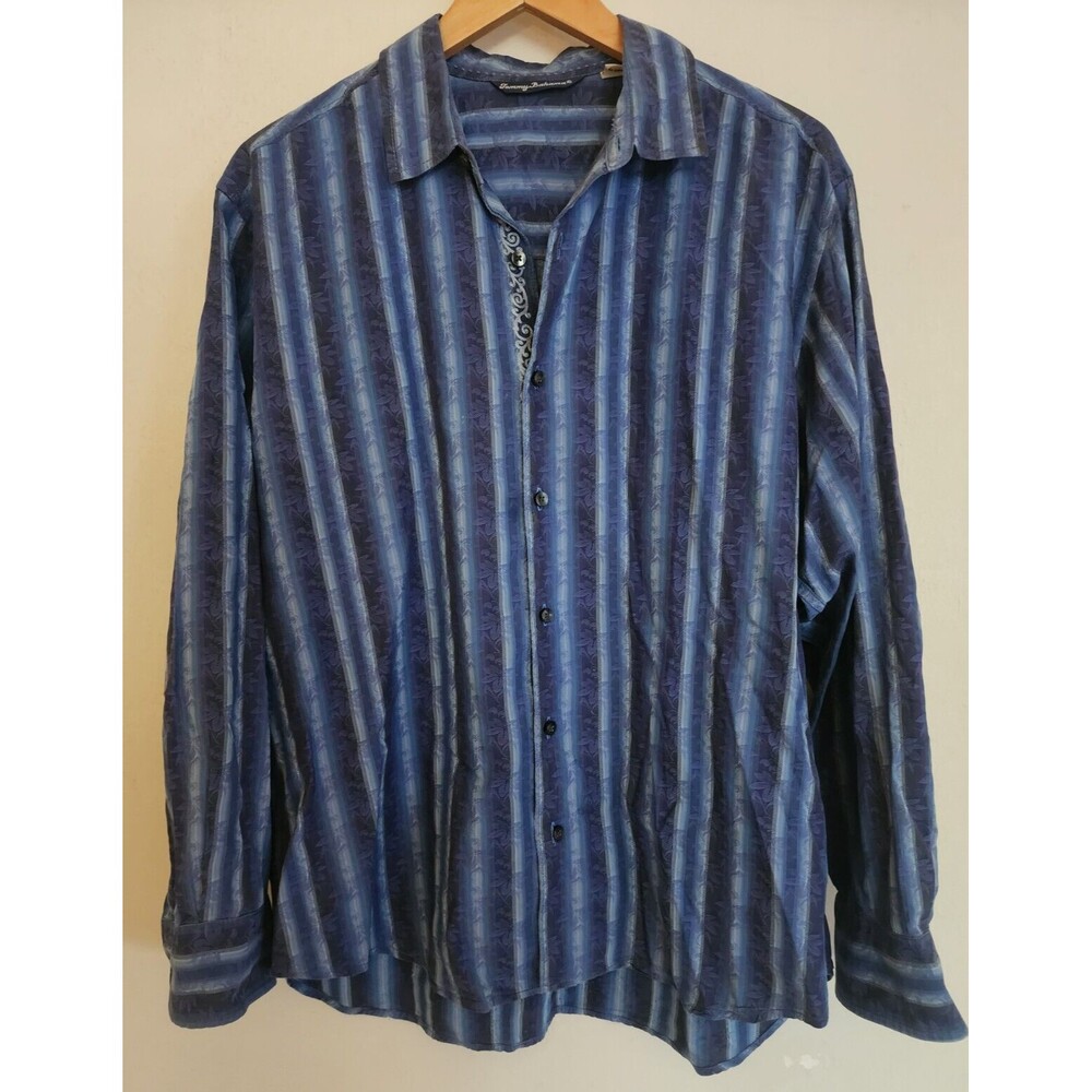 Tommy Bahama Men's LG Long Sleeve Dark Blue Stripe Button Down Floral Accents